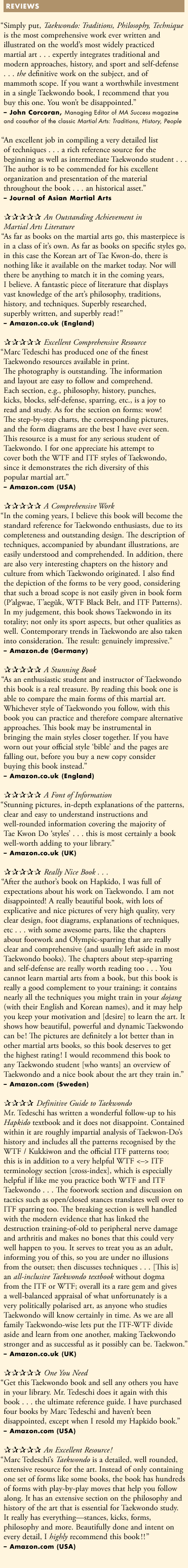 Reviews of Marc Tedeschi's book 'Taekwondo: Traditions, Philosophy, Technique'