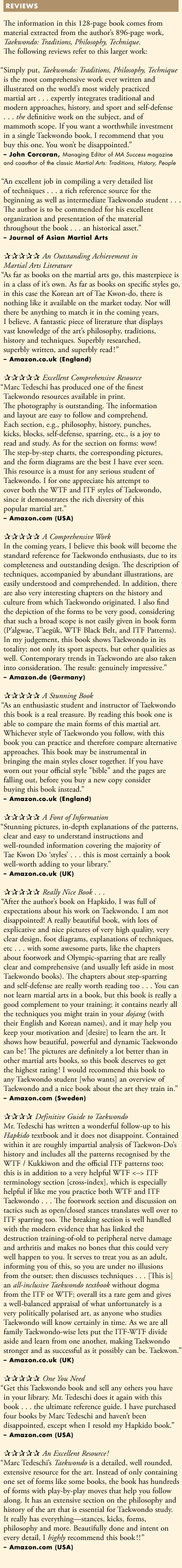 Reviews of Marc Tedeschi's book 'Taekwondo: Traditions, Philosophy, Technique'