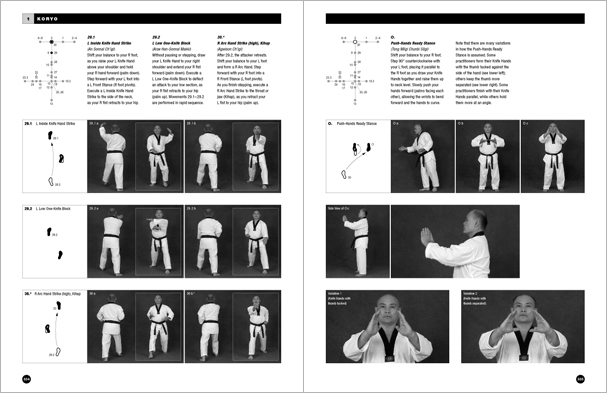 Sample pages from 'Taekwondo: Complete WTF Forms', an in-depth look at Taekwondo's most popular forms systems: Palgwae, Taeguk, and WTF Black Belt. Includes footwork diagrams and self-defense use.