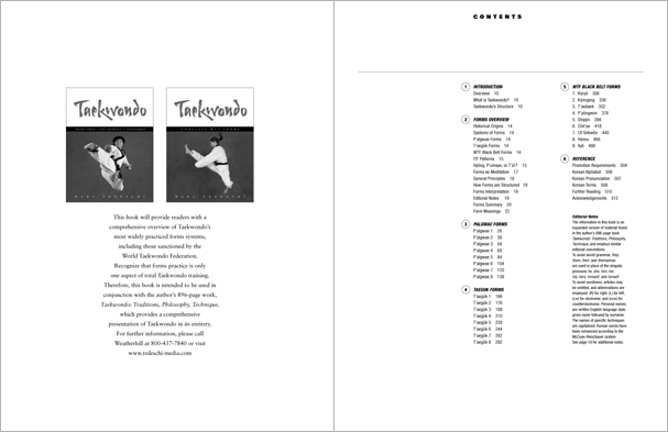 Sample pages from 'Taekwondo: Complete WTF Forms', an in-depth look at Taekwondo's most popular forms systems: Palgwae, Taeguk, and WTF Black Belt. Includes footwork diagrams and self-defense use.